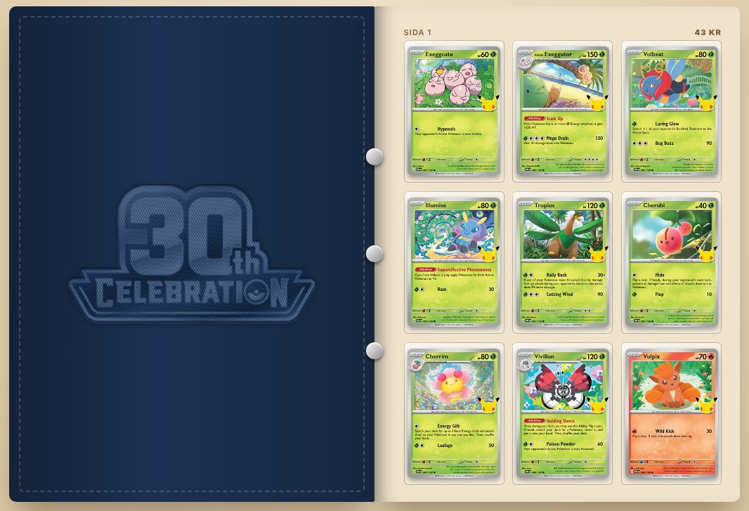 En öppen digital Pokémonpärm för 30th Celebration med korten i fickor, nio per sida